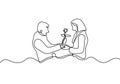 One line couple in love. Drawing of man giving a flower gift to woman. Romantic continuous hand drawn sketch people. Minimalist Royalty Free Stock Photo