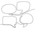 One line dialog. Talk messages, continuous line conversation and four speech bubbles hand drawn vector illustration