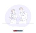 Continuous line drawing of two doctors dialog. Hospital scene. Vector illustration. Royalty Free Stock Photo