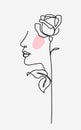 One line drawing. Abstract beautiful girl with rose. Female beauty minimalist icon.