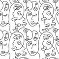 One line drawing abstract face seamless pattern. Modern minimalism art, aesthetic contour. Continuous line background