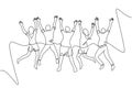 One line drawing of back view group of young happy male and female jumping together to celebrate their vacation. Traveling journey Royalty Free Stock Photo