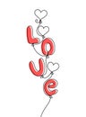 One line drawing balloons sketch isolated on white background. Ballons in the form of hearts and word love.