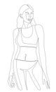 One line drawing of beautiful sportswoman in gym suit. Line art of young fitness woman standing.