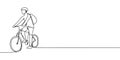One Line Drawing of a Bicycle rider, a man riding a bike with helmet and bag, maybe he want to going to school or campus. Vector