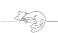 One line drawing. Cat sitting with curled tail