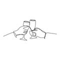 One line drawing of Cheers clinking of friends with bourbon wine drink in party night after work vector illustration