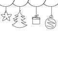 One line drawing christmas tree, gift box, stocking, star, love, ball decoration isolated o white background minimalist style. Royalty Free Stock Photo