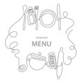 One line drawing concept for a restaurant menu. Continuous line art of knife, fork, plate, pan, spoon, grater, ladles