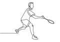 One line drawing or continuous line drawing of badminton player. A person playing badminton sport game. Professional athlete.