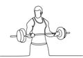 One line drawing or continuous line art of a strong athletic guy lifting weights and bodybuilder training. Weightlifter line drawn