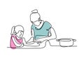 One line drawing continuous of mother and daughter cooking a food