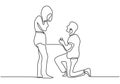 One line drawing couple in love. Man giving a ring for wedding proposal to a girl. Romantic continuous hand drawn sketch people. Royalty Free Stock Photo