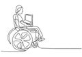 One line drawing of disabled man in wheelchair using laptop at home. A businessman in disability work from home. Inspiring the