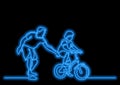 One line drawing of father helping child to drive bicycle with n