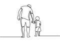 One line drawing of father and his son walking minimalist design. Happy young father holding his son walking and story telling all