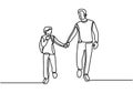 One line drawing of father and his son walking minimalist design. Happy young father holding his son walking and story telling all