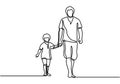 One line drawing of father and his son walking minimalist design. Happy young father holding his son walking and story telling all