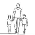 One line drawing of father and his two children holding hands. Young daddy and his children walking on the street minimalist Royalty Free Stock Photo