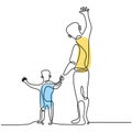 One line drawing of father and son standing together on the street. Young daddy holding his kid and wave hands isolated on white
