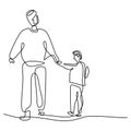 One line drawing of father and son. Young daddy holding his kid and walking together on the street to exercise in the morning.