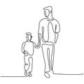 One line drawing of father and son. Young daddy holding his kid and walking together on the street to exercise in the morning.