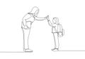 One line drawing of female teacher meet one of her student at school and giving high five gesture. School education activity