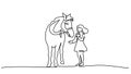 One line drawing. Girl feeding a horse Royalty Free Stock Photo