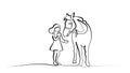 One line drawing. Girl feeding a horse Royalty Free Stock Photo