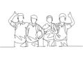 One line drawing group of young happy boys and girls from elementary school student carrying bags and give thumbs up gesture.