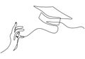 One line drawing group of young happy graduate hand`s college student jump while throwing the graduation cap. A male express to Royalty Free Stock Photo