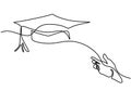 One line drawing group of young happy graduate hand`s college student jump while throwing the graduation cap. A male express to