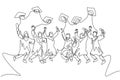 One line drawing group of young happy graduate male and female college student jumping wear gown and giving thumbs up gesture. Royalty Free Stock Photo