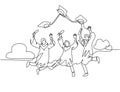 One line drawing group of young happy graduate male and female college student jumping and wear graduation gown. Education Royalty Free Stock Photo