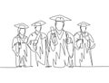 One line drawing group of young happy graduate male and female college student wearing gown and holding diploma certificate paper Royalty Free Stock Photo