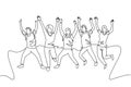 One line drawing group of young happy male and female college student jumping to celebrate their final exam result. Education Royalty Free Stock Photo