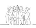 One line drawing of group of young happy women giving high five gestures after doing some aerobics exercise at gymnasium together