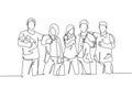 One line drawing of groups of young happy college students giving thumbs up gesture after studying together at campus library.