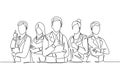 One line drawing of groups of young happy doctors giving thumbs up gesture for best healthcare service in hospital. Medical team