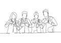 One line drawing of groups of young happy male and female doctors giving thumbs up gesture as service excellence symbol. Medical