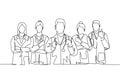 One line drawing of groups of young happy male and female doctors giving thumbs up gesture as service excellence symbol. Medical