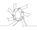 One line drawing of hand gesture making circle ring network. Continuous line drawing of teamwork design style. Business concept