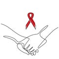 One line drawing of hand holding each other to prevent aids with red ribbon symbol. Prevention and protection HIV Aids. World AIDS