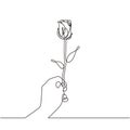 One line drawing hand holding flower continuous one line drawing. Simple symbol of love sign vector illustration Royalty Free Stock Photo