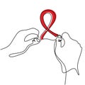 One line drawing of hand holding red ribbon symbol for aids. Prevention and protection HIV Aids minimalism design. World AIDS Day