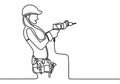 One line drawing of happy girl handyman wearing helmet and carrying tools while holding drill machine. Woman repair construction Royalty Free Stock Photo