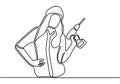 One line drawing of happy girl handyman wearing helmet and carrying tools while holding drill machine. Woman repair construction Royalty Free Stock Photo
