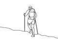 One line drawing of hiker with backpack. Continuous hand drawn person doing hiking, walking on the hill