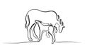 One line drawing. Horse feeds small foal