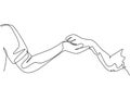 One line drawing of human hand holding dog leg with full of love. Friendship with pet animal concept. Best friend forever.